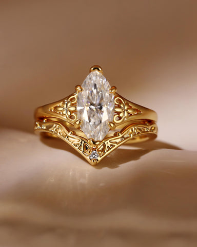 LUNARA Vintage Style Marquise Cut Moissanite Fleur-De-Lis Wedding Ring