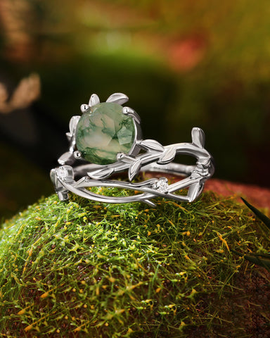 VERANTHE Nature Inspired Leaf Moss Agate Wedding Ring Set