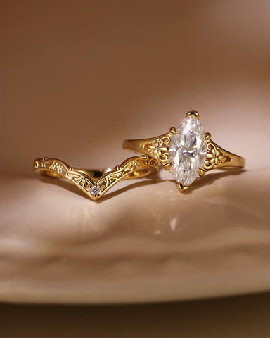 LUNARA Vintage Style Marquise Cut Moissanite Fleur-De-Lis Wedding Ring