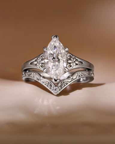 LUNARA Vintage Style Marquise Cut Moissanite Fleur-De-Lis Wedding Ring