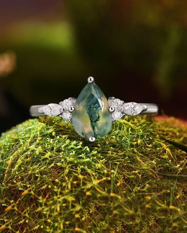 LIAZA Natural Moss Agate Pear Shaped Engagement Ring