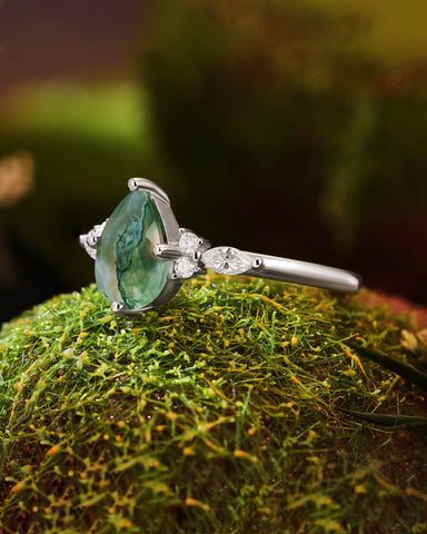 LIAZA Natural Moss Agate Pear Shaped Engagement Ring
