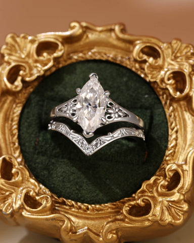 LUNARA Vintage Style Marquise Cut Moissanite Fleur-De-Lis Wedding Ring