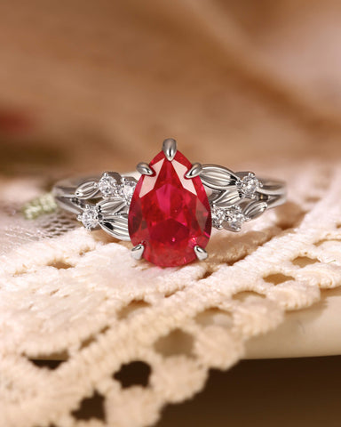 CHERRY Leaf Pear Shaped Ruby Engagement Ring