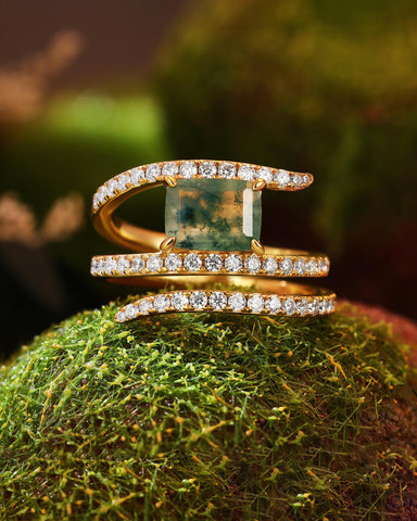 FERNELLE Natural Moss Agate Emerald Cut Three Layer Surround Engagement Ring