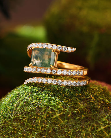 FERNELLE Natural Moss Agate Emerald Cut Three Layer Surround Engagement Ring