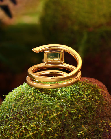 FERNELLE Natural Moss Agate Emerald Cut Three Layer Surround Engagement Ring