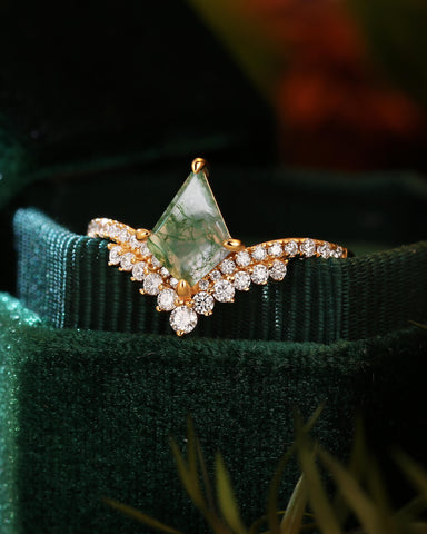 LINDELISE Kite Cut Moss Agate Engagement Ring with Curved Cluster Accents