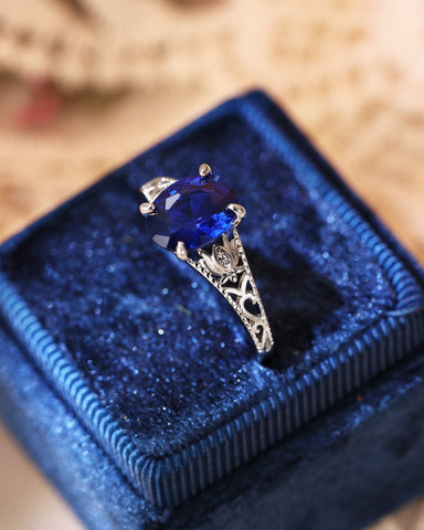 MIREN Art Deco Jewelry Floral Oval Blue Sapphire Engagement Ring