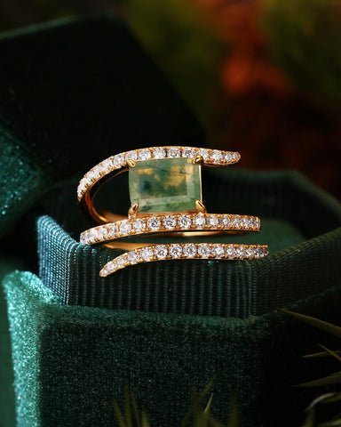 FERNELLE Natural Moss Agate Emerald Cut Three Layer Surround Engagement Ring