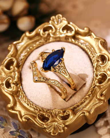 BELLAMY Art Deco Inspired Fleur-De-Lis Vintage Marquise Blue Sapphire Engagement Ring Set