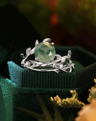 VERANTHE Nature Inspired Leaf Moss Agate Wedding Ring Set