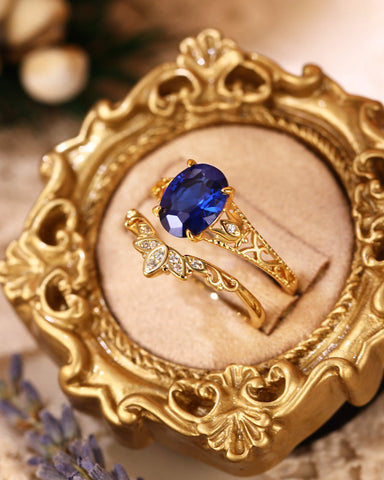 OCTAVIA Vintage Floral Oval Shaped Blue Sapphire Engagement Ring Set