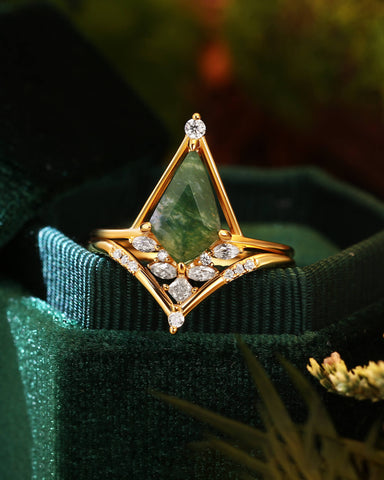 TREMYLA Stylish Art Deco Kite Moss Agate Unique Bridal ring Set