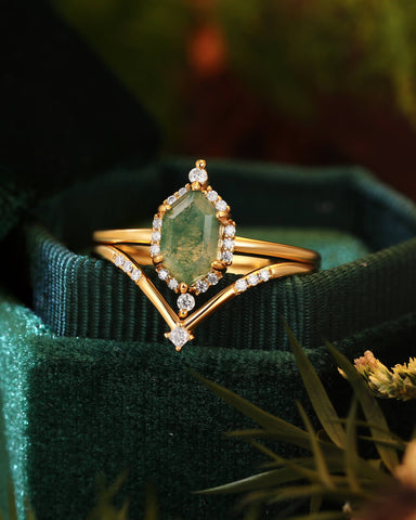 ELETTARIA Hexagon Moss Agate Halo Engagement Ring Sets