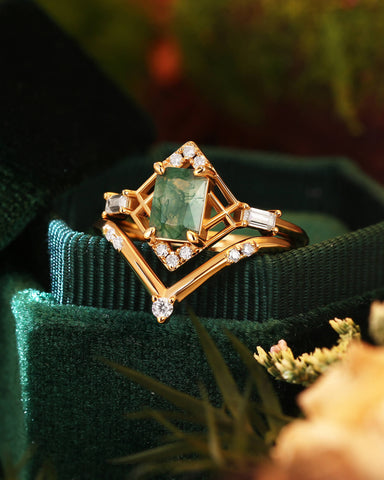 GLINDA Vintage Art Deco Geometry Moss Agate Bridal Ring Set