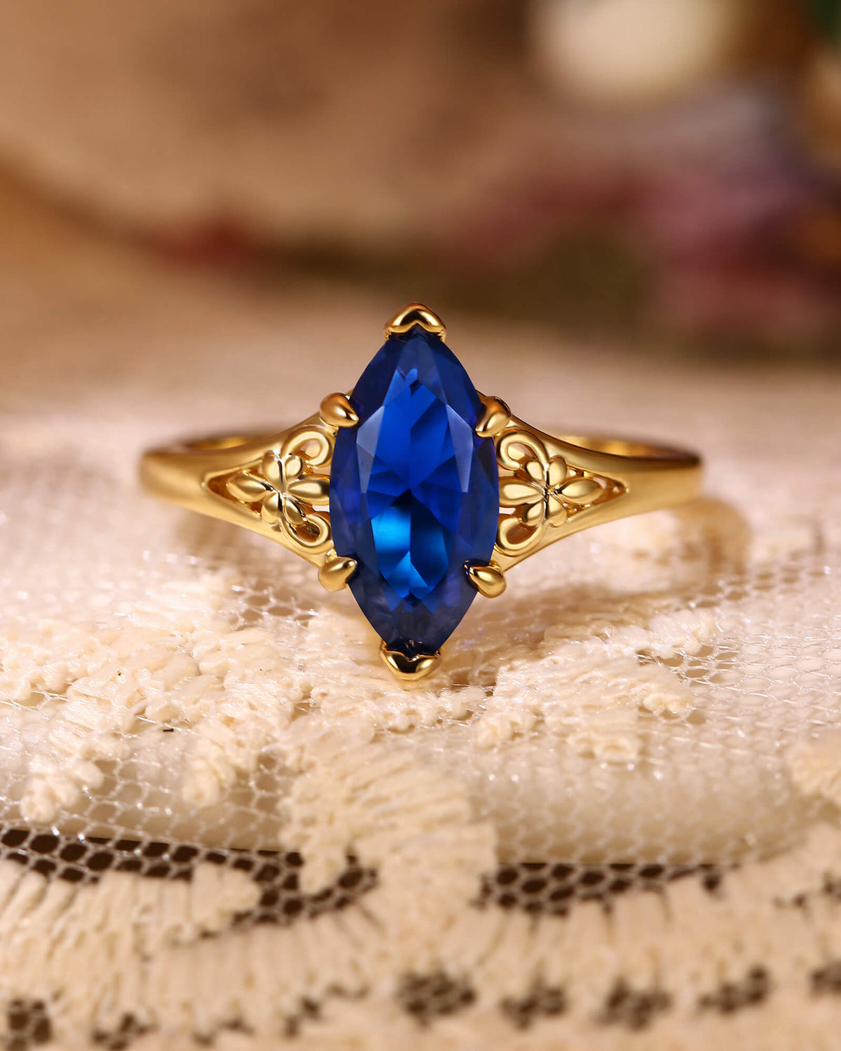 ZARIAH Art Deco Marquise Cut Blue Sapphire Engagement Ring