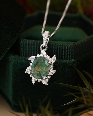 CAMELIA Oval Cut Moss Agate Moissanite Cluster Halo Pendant Necklace