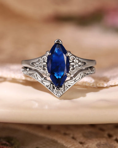 BELLAMY Art Deco Inspired Fleur-De-Lis Vintage Marquise Blue Sapphire Engagement Ring Set