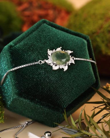 YASMIN Oval Cut Moss Agate Moissanite Cluster Halo Bracelet