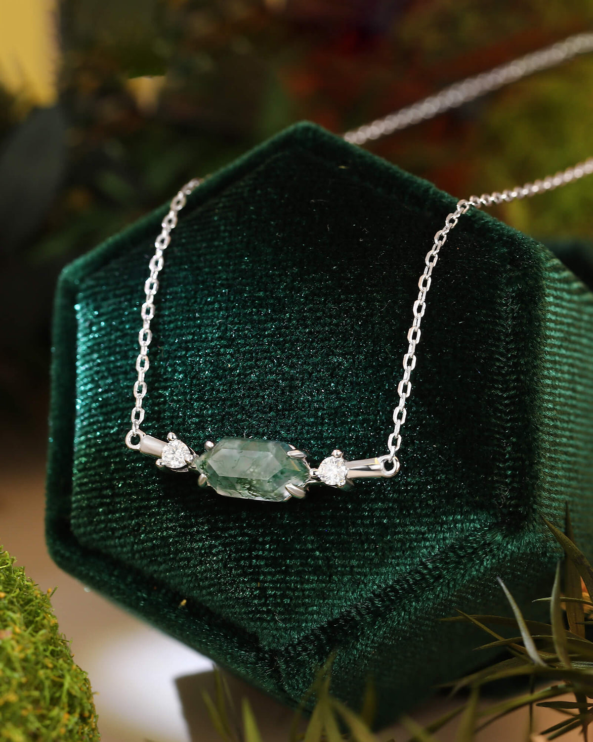 ROSEMARY Long Hexagon Moss Agate Geometric Necklace