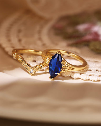 BELLAMY Art Deco Inspired Fleur-De-Lis Vintage Marquise Blue Sapphire Engagement Ring Set