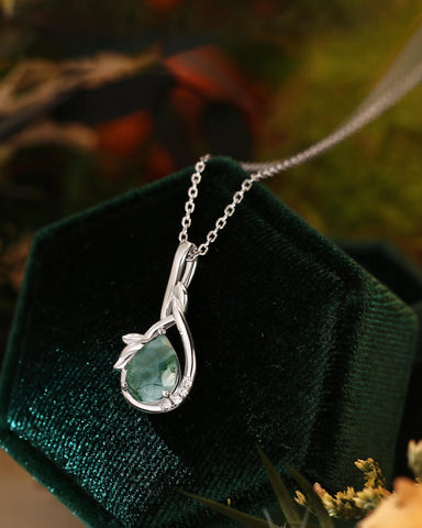 WREN Nature Inspired Pear Cut Moss Agate Leaf Infinity Necklace