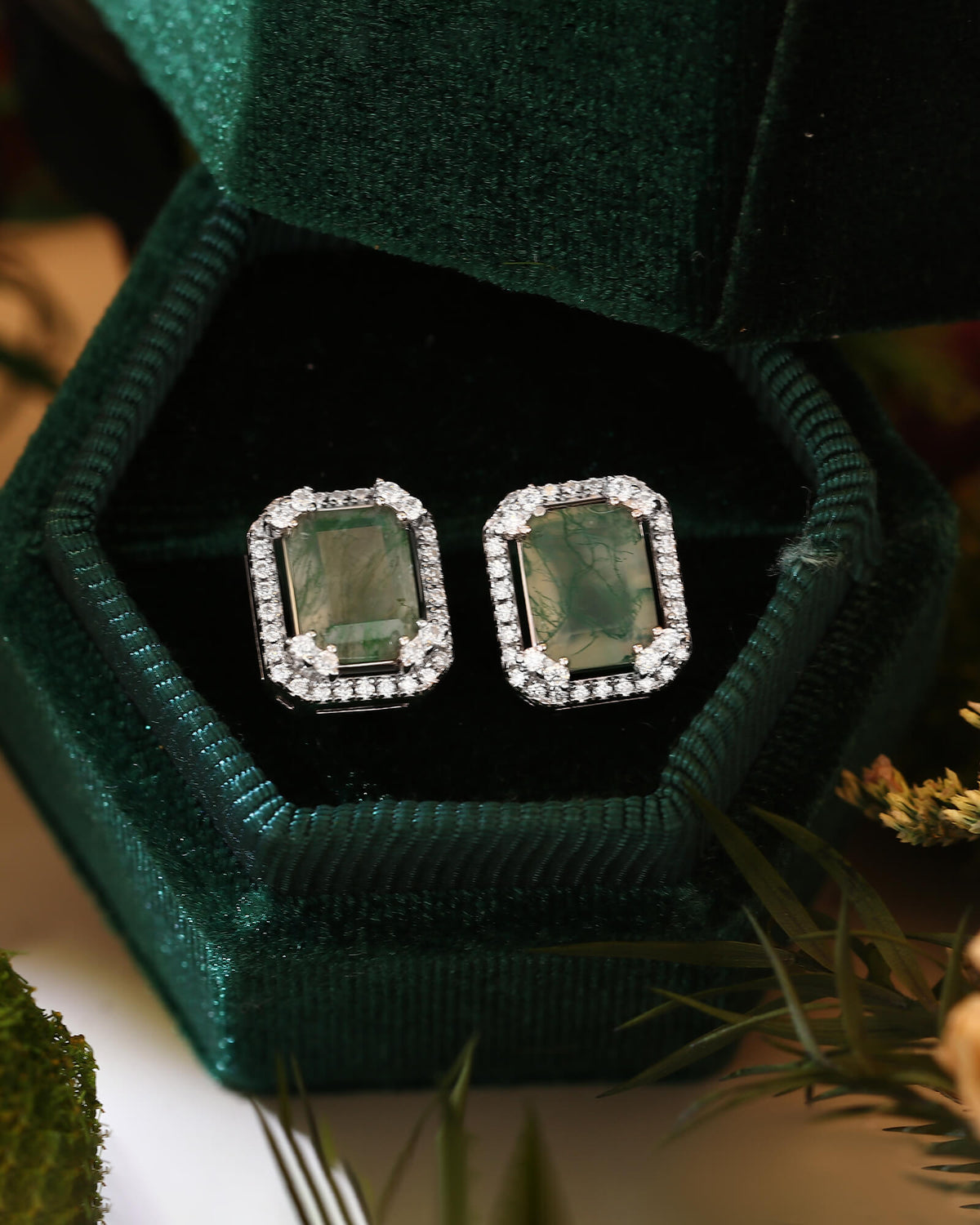 IRENE Emerald Cut Moss Agate Halo Earrings