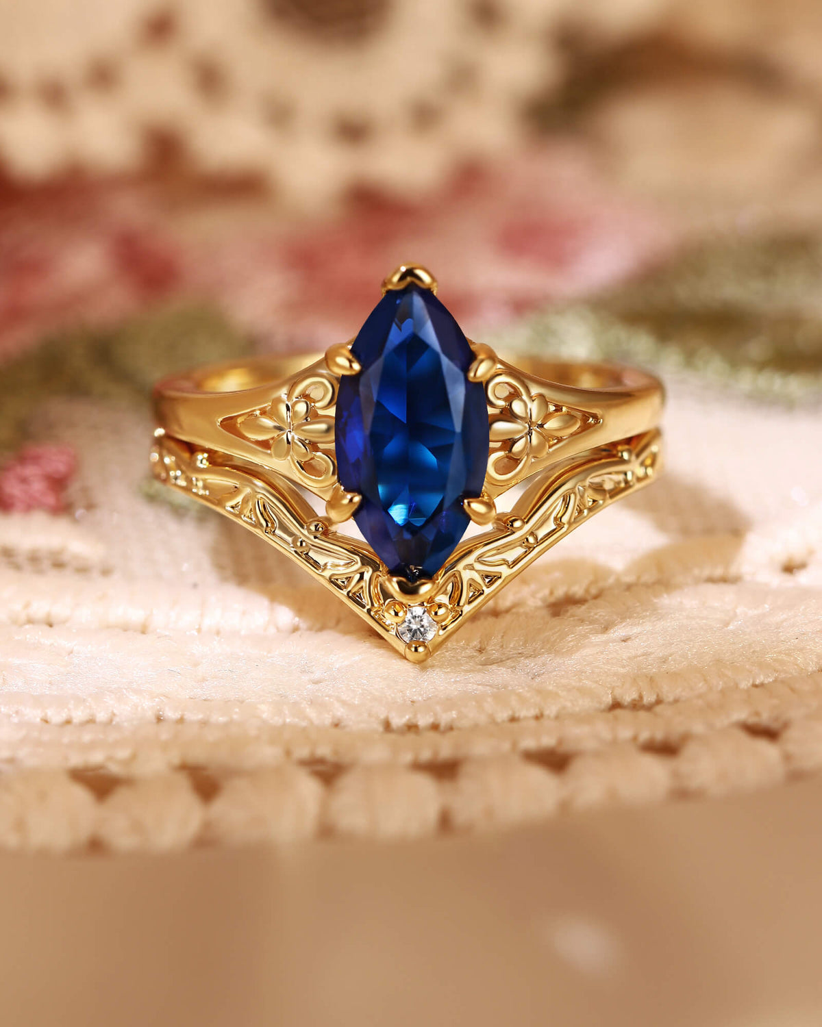 BELLAMY Art Deco Inspired Fleur-De-Lis Vintage Marquise Blue Sapphire Engagement Ring Set