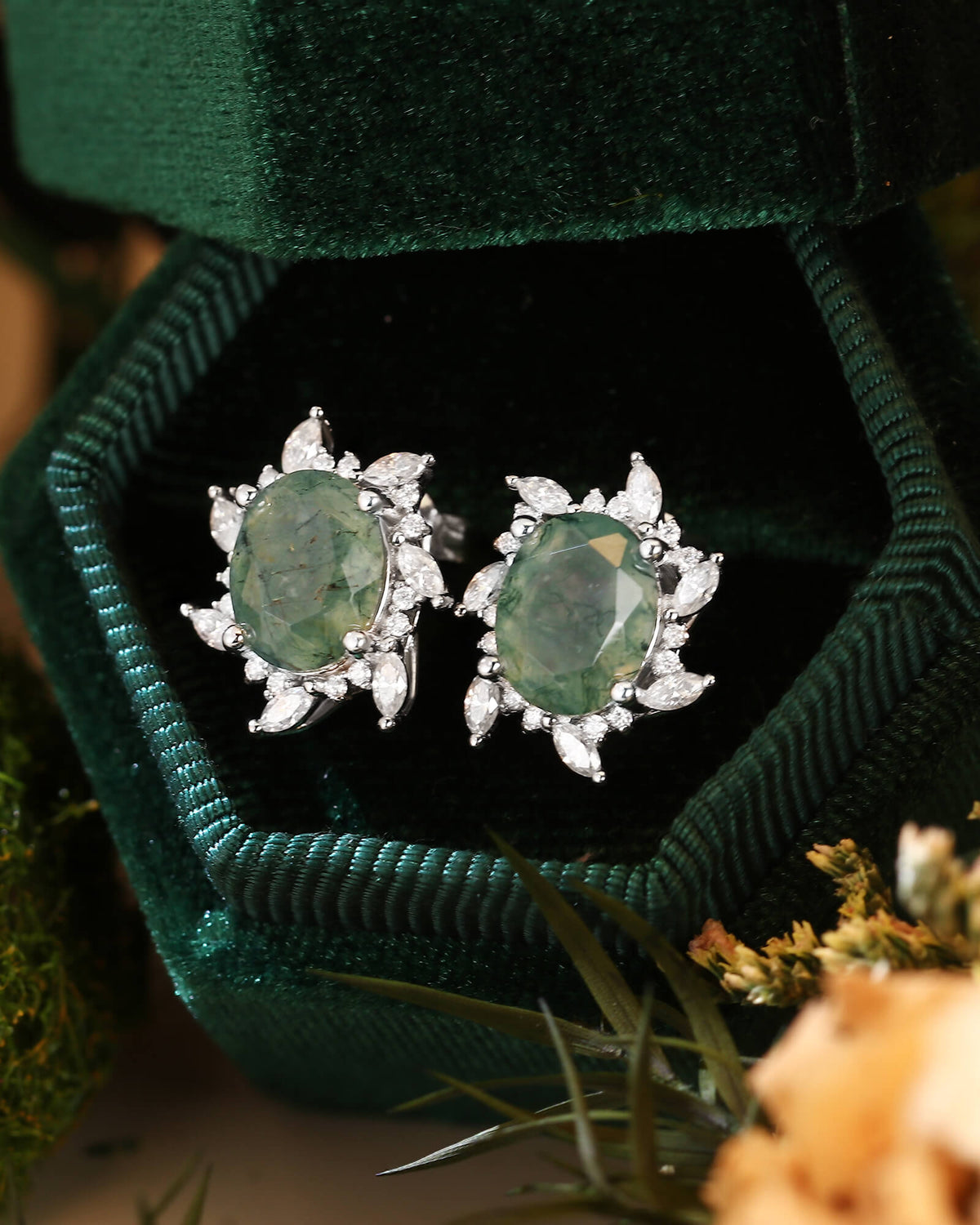 ANEMONE Oval Cut Moss Agate Moissanite Cluster Halo Earrings