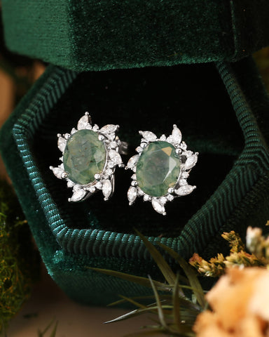 ANEMONE Oval Cut Moss Agate Moissanite Cluster Halo Earrings