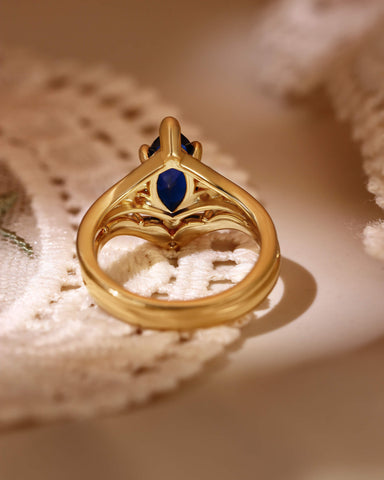 BELLAMY Art Deco Inspired Fleur-De-Lis Vintage Marquise Blue Sapphire Engagement Ring Set