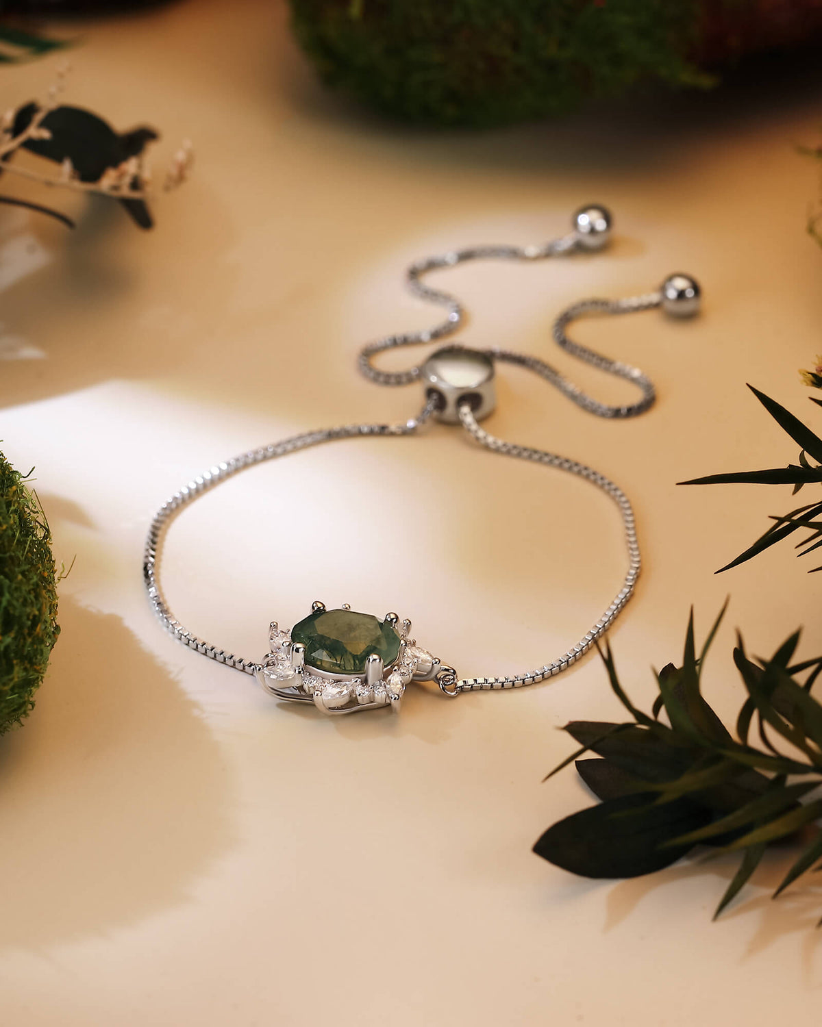 YASMIN Oval Cut Moss Agate Moissanite Cluster Halo Bracelet