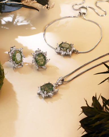 CAMELIA Oval Cut Moss Agate Moissanite Cluster Halo Pendant Necklace