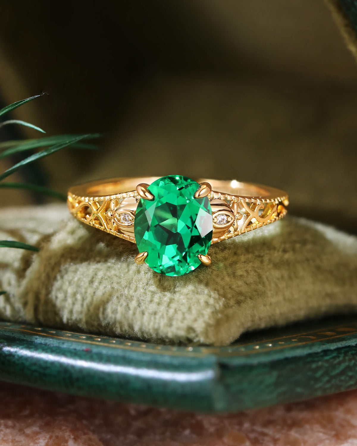 TIANA Oval Cut Emerald Art Deco Floral Design Engagement Ring