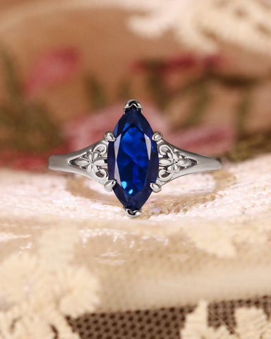 ZARIAH Art Deco Marquise Cut Blue Sapphire Engagement Ring