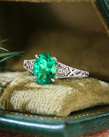 TIANA Oval Cut Emerald Art Deco Floral Design Engagement Ring