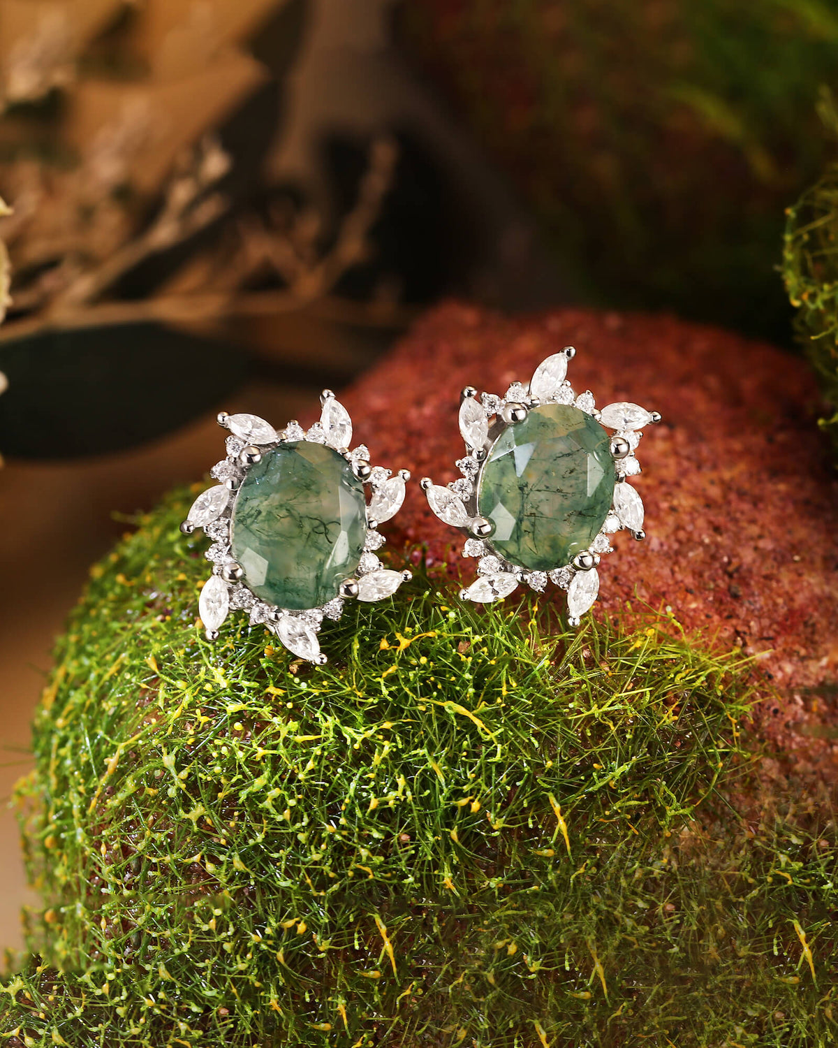 ANEMONE Oval Cut Moss Agate Moissanite Cluster Halo Earrings