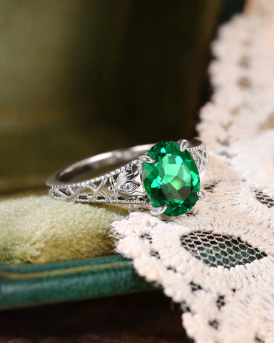 TIANA Oval Cut Emerald Art Deco Floral Design Engagement Ring