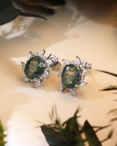ANEMONE Oval Cut Moss Agate Moissanite Cluster Halo Earrings