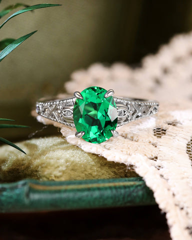 TIANA Oval Cut Emerald Art Deco Floral Design Engagement Ring