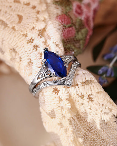 BELLAMY Art Deco Inspired Fleur-De-Lis Vintage Marquise Blue Sapphire Engagement Ring Set