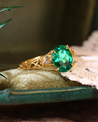 TIANA Oval Cut Emerald Art Deco Floral Design Engagement Ring