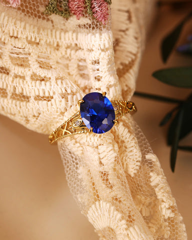 MIREN Art Deco Jewelry Floral Oval Blue Sapphire Engagement Ring
