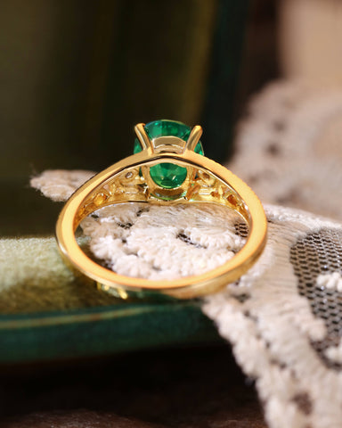 TIANA Oval Cut Emerald Art Deco Floral Design Engagement Ring