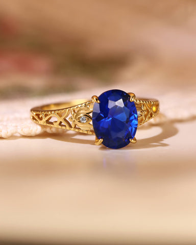 MIREN Art Deco Jewelry Floral Oval Blue Sapphire Engagement Ring