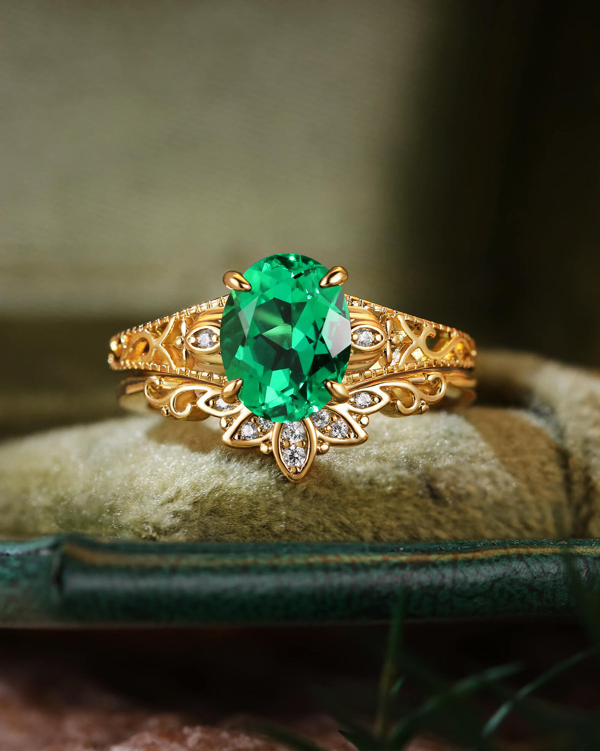 TIANA Art Deco Oval Cut Emerald Lotus Flower Engagement Ring Set 2pcs