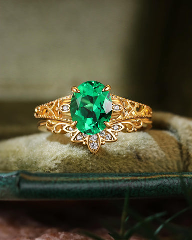TIANA Art Deco Oval Cut Emerald Lotus Flower Engagement Ring Set 2pcs
