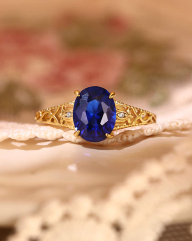 MIREN Art Deco Jewelry Floral Oval Blue Sapphire Engagement Ring