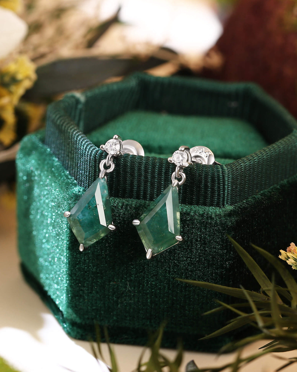 ANITA Kite Cut Moss Agate Dangle Earrings